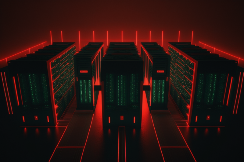 endless rows of servers in a data center that are lit up with red light from sensors, view is from the top like its a two story building, dark, ominus surrondings, 8k, --ar 3:2