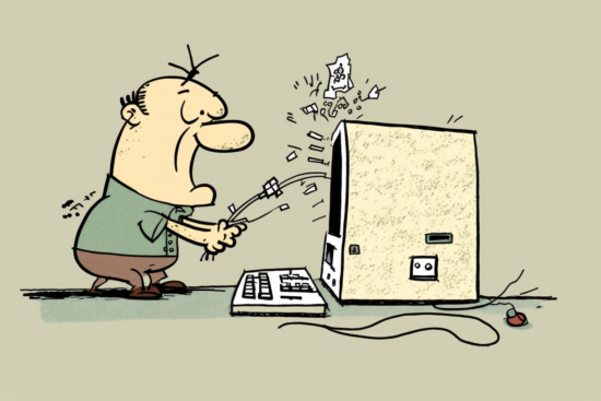A cartoon of a Man Erasing a computer with a pencil earser, --ar 3:2