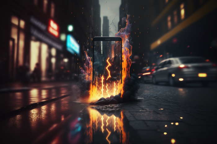 A standing phone on fire in a city block, Rainy background, Cinematic